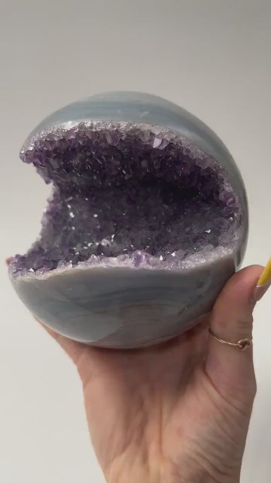 XL Amethyst Geode Sphere in Blue Banded Agate