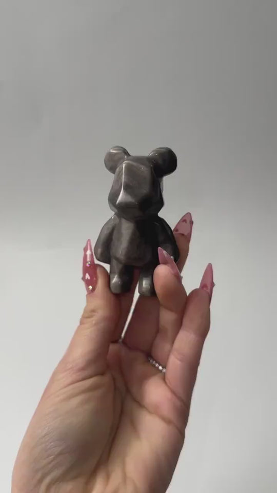 Faceted Silver Sheen Obsidian “Bearbrick” Bear Carving
